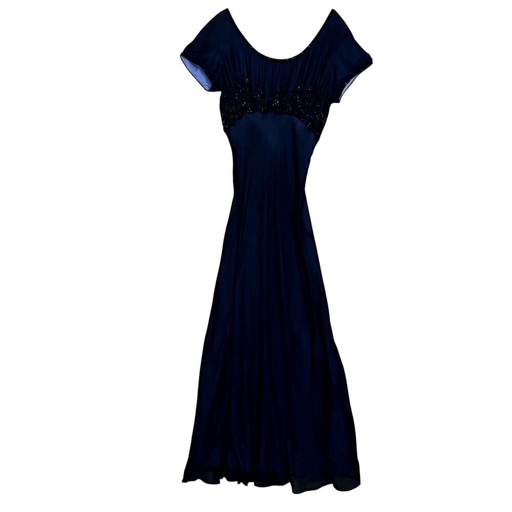 Vintage Y2K Evening Gown Womens L‎ Black Beaded Cap Sleeves Dark Romantic